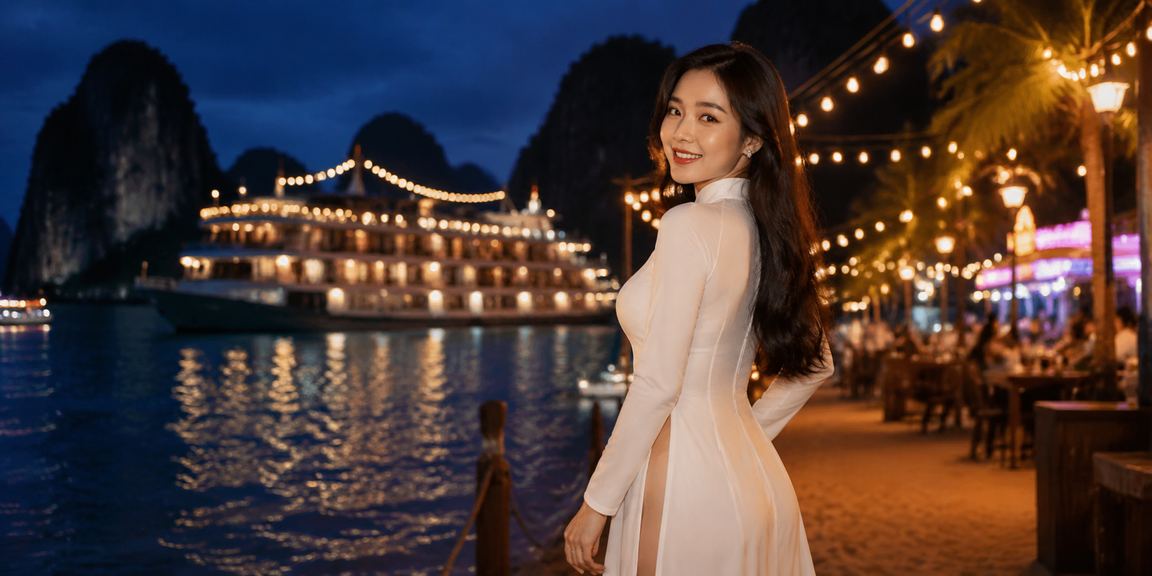 Người dùng đặt cược trực tuyến trên vịnh Hạ Long với trang phục áo dài truyền thống Việt Nam