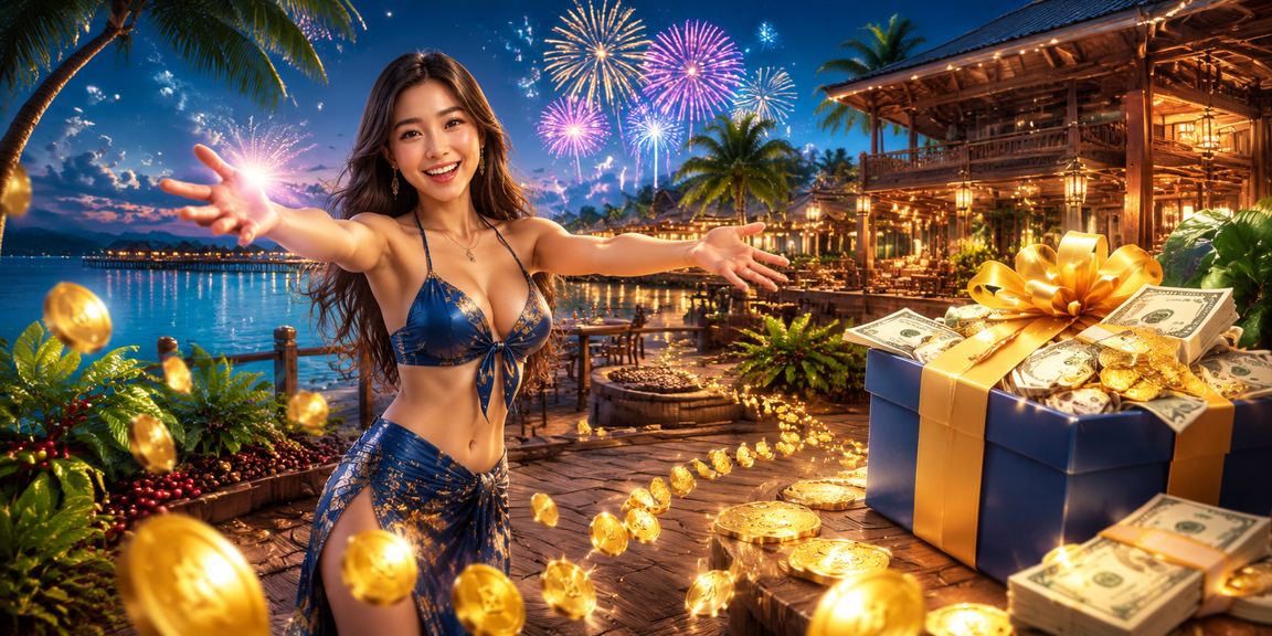 Người dùng Phú Quốc nạp tiền và kiểm tra tiền thưởng trên bãi biển với cốc cà phê